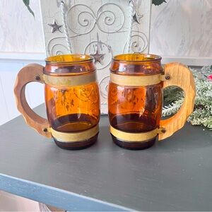 Vintage 1960's Siesta Ware Glass Wood Handles Amber Barrel Mugs Set of  2